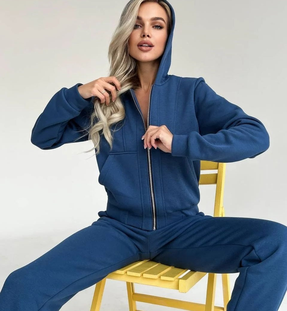 Fleece long-sleeved hooded zipper long-sleeved pantsuit for women 6color