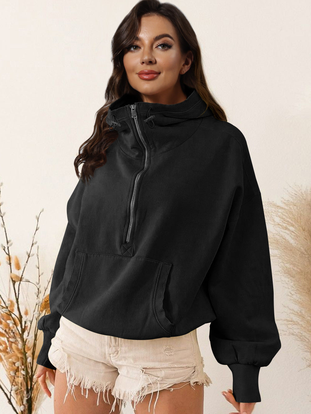 Hoodie zipper drawstring long sleeve top jacket 6color