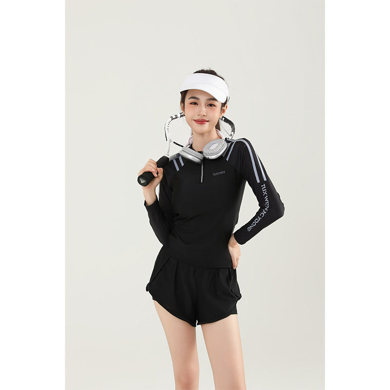 Women's 2-Piece Long Sleeve Sun Protection Swimsuit, Conservative Slim Fit Athletic Bathing Suit
