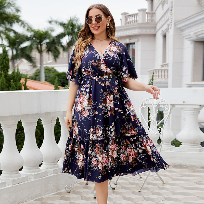 V-neck navy blue print plus-size dress