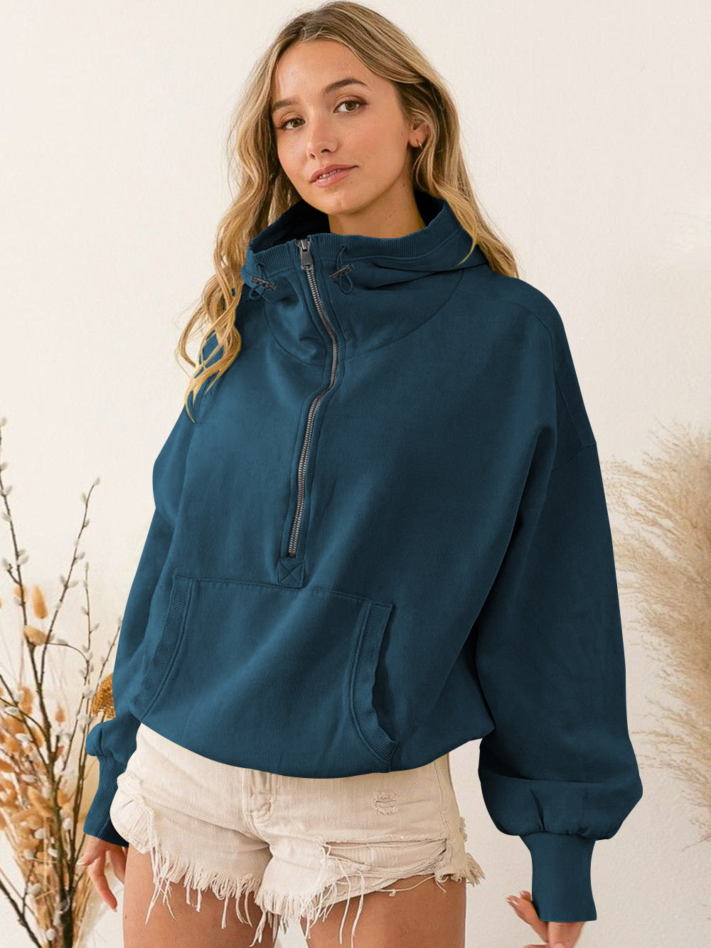 Hoodie zipper drawstring long sleeve top jacket 6color