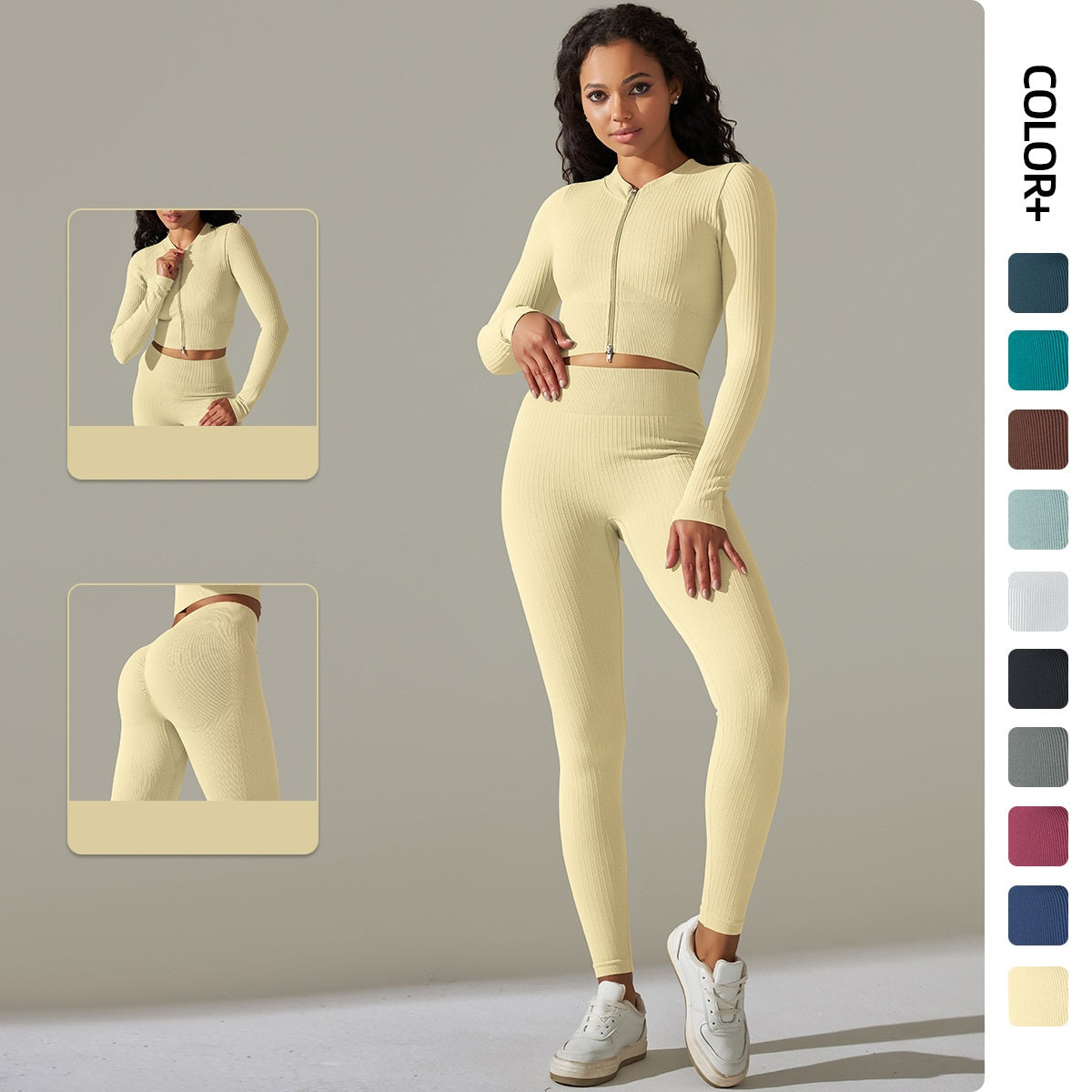 Thread zipper long sleeve T-shirt yoga pants suit10 colors