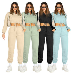 Solid color stand-up collar zipper drawstring midriff and fleece hoodie pant set 4COLOR