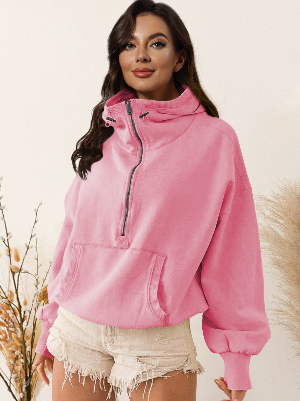 Hoodie zipper drawstring long sleeve top jacket 6color