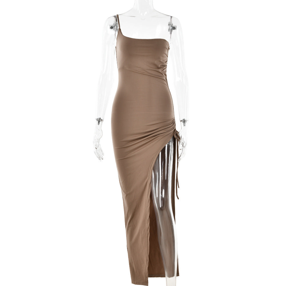 New single shoulder strap dress sexy tight draw high slit long skirt women 3 colors