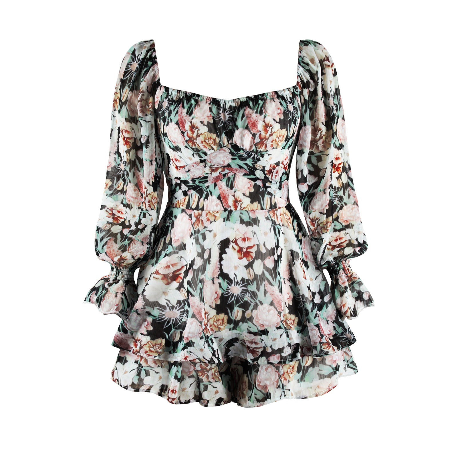 Floral digital print zip-up long-sleeved jumpsuit shorts