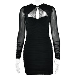 Hollow low-cut dress female sense Spice Girl perspective long-sleeved tight wrap hip skirt 3 colors