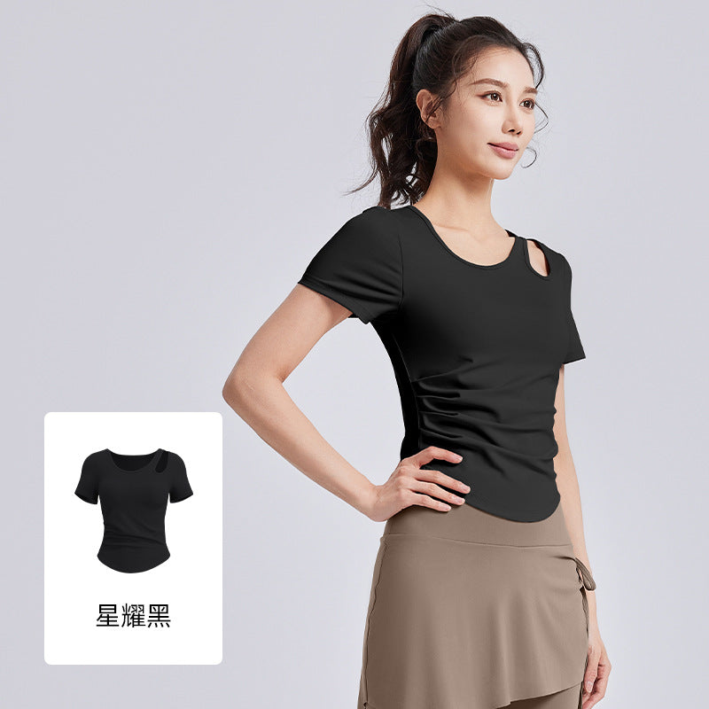 Women Slim Fit One-piece Cup Yoga Top with Built-in Pads, Short Sleeve Summer Fitness Shirt