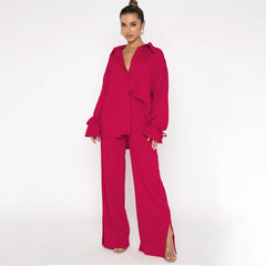 Solid color lapel single breasted long sleeve lace-up top Fashion pantsuit 7 colors