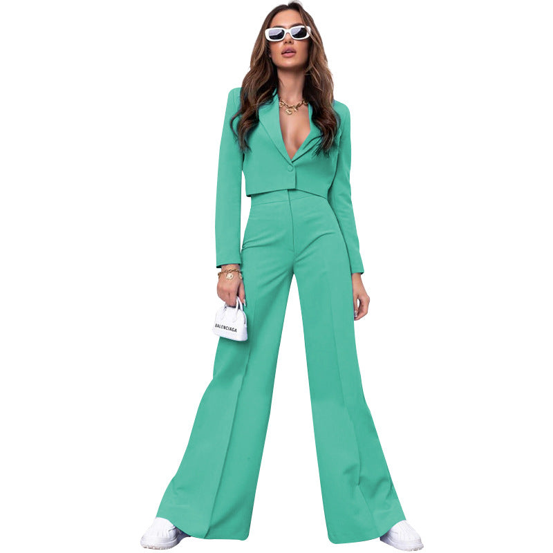 Solid color short long sleeve small suit fashion high waist wide leg pant suit 211290