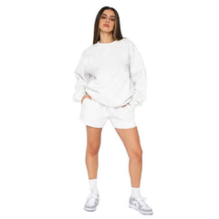 Solid color round neck long-sleeved hoodie fashion shorts set 7 colors