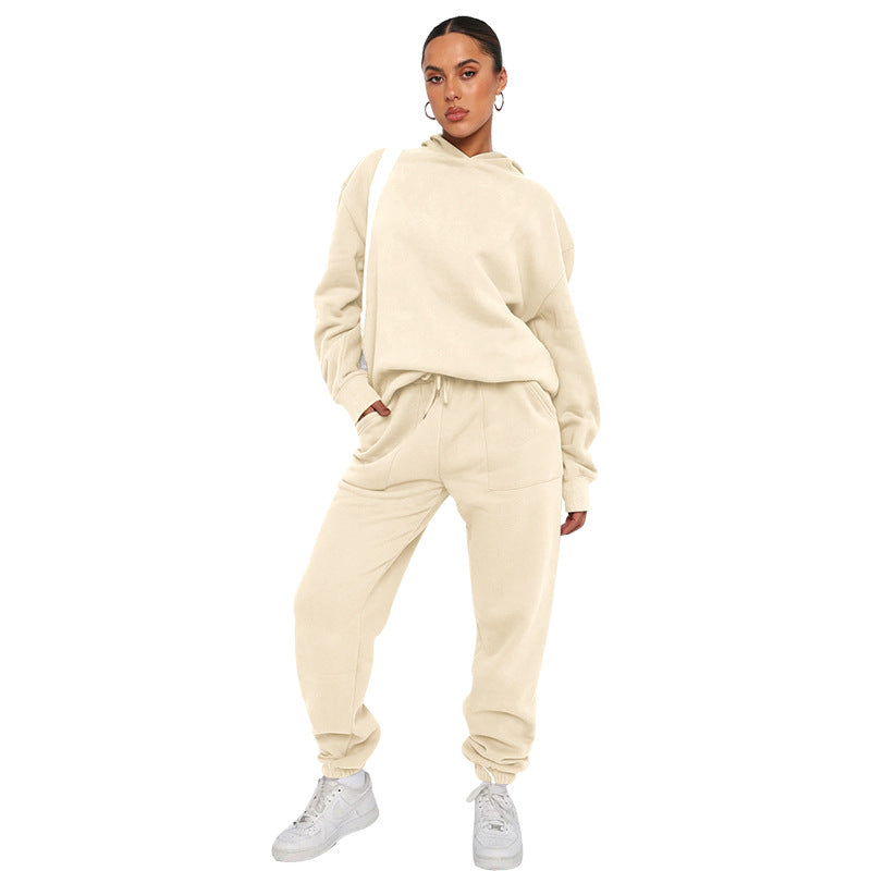 Solid color hooded long-sleeved hoodie women's fashion casual pantsuit 9 colors