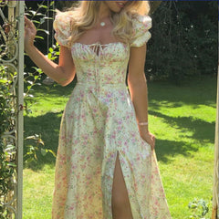 New floral square collar lady slit big swing dress 16 colors