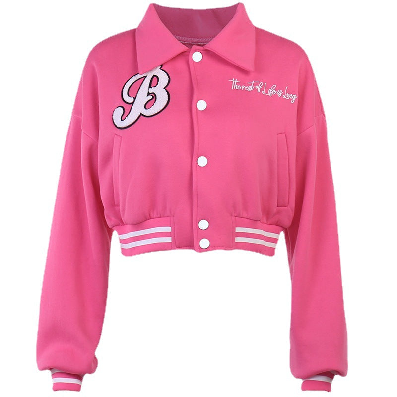 Barbie powder YJ22222 knitted printed long sleeve baseball jacket short top