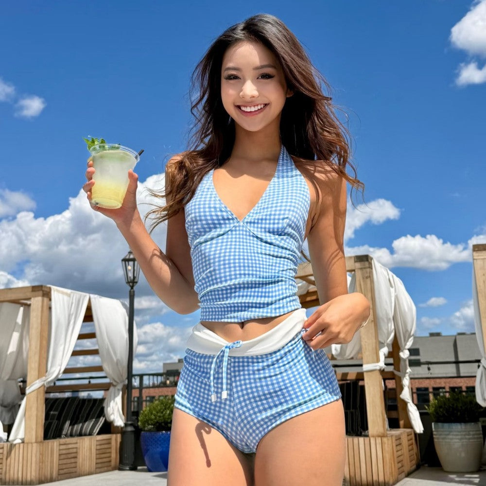 Thailand holiday retro plaid split body swimsuit high waist cover belly girl fresh girl hot spring bikini swimsuit