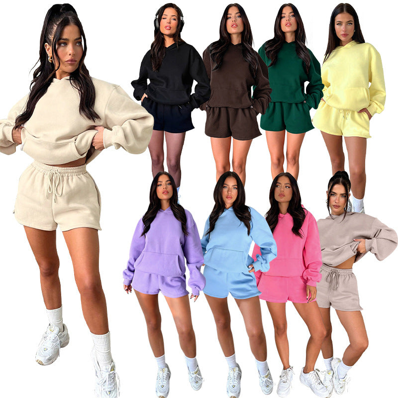 Solid color long-sleeved hoodie shorts set 9 colors 211336