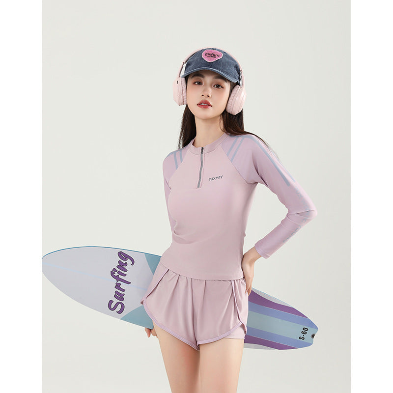 Women's 2-Piece Long Sleeve Sun Protection Swimsuit, Conservative Slim Fit Athletic Bathing Suit