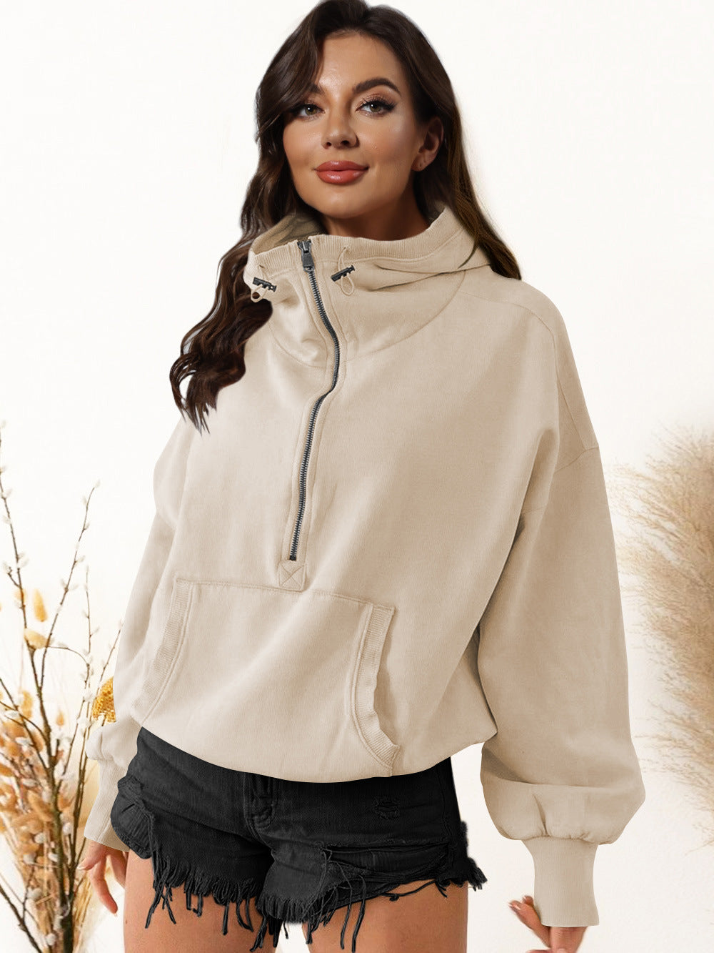 Hoodie zipper drawstring long sleeve top jacket 6color