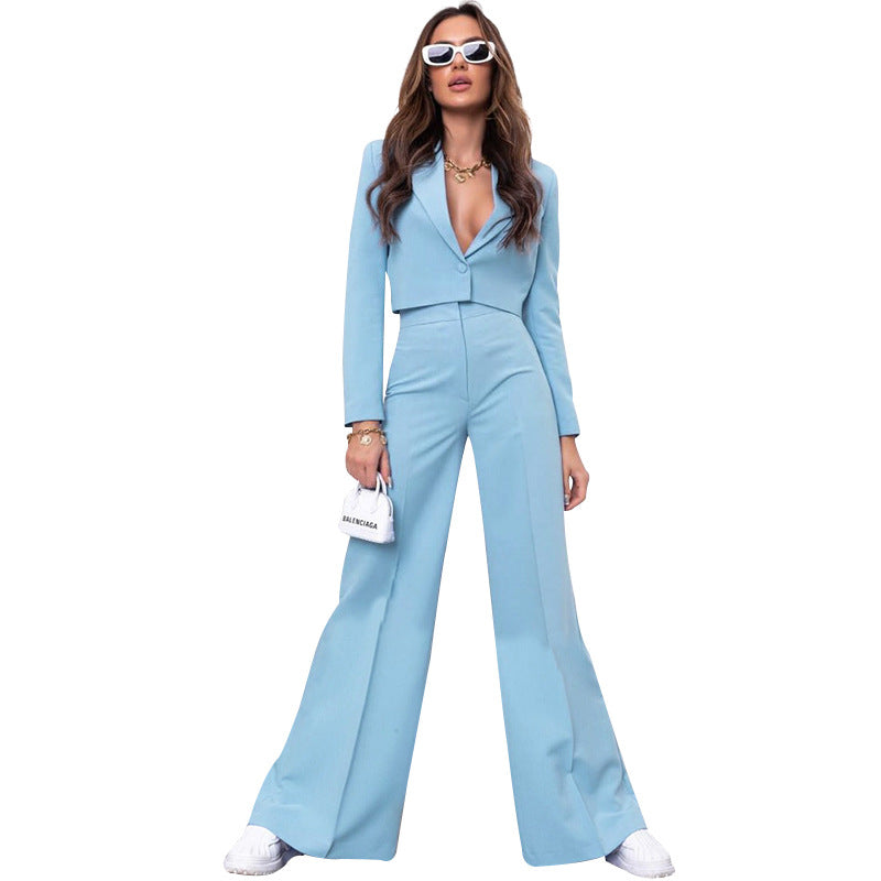 Solid color short long sleeve small suit fashion high waist wide leg pant suit 211290