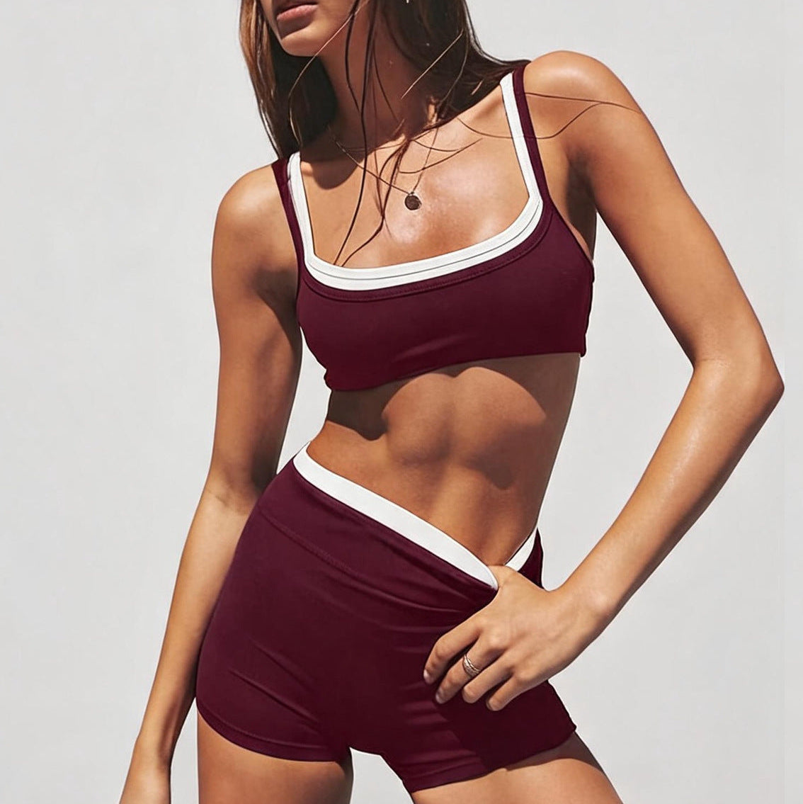 Yoga shorts set, women's color-blocking fake two pieces, sports underwear top, outdoor sports fitness clothes, Pilates set