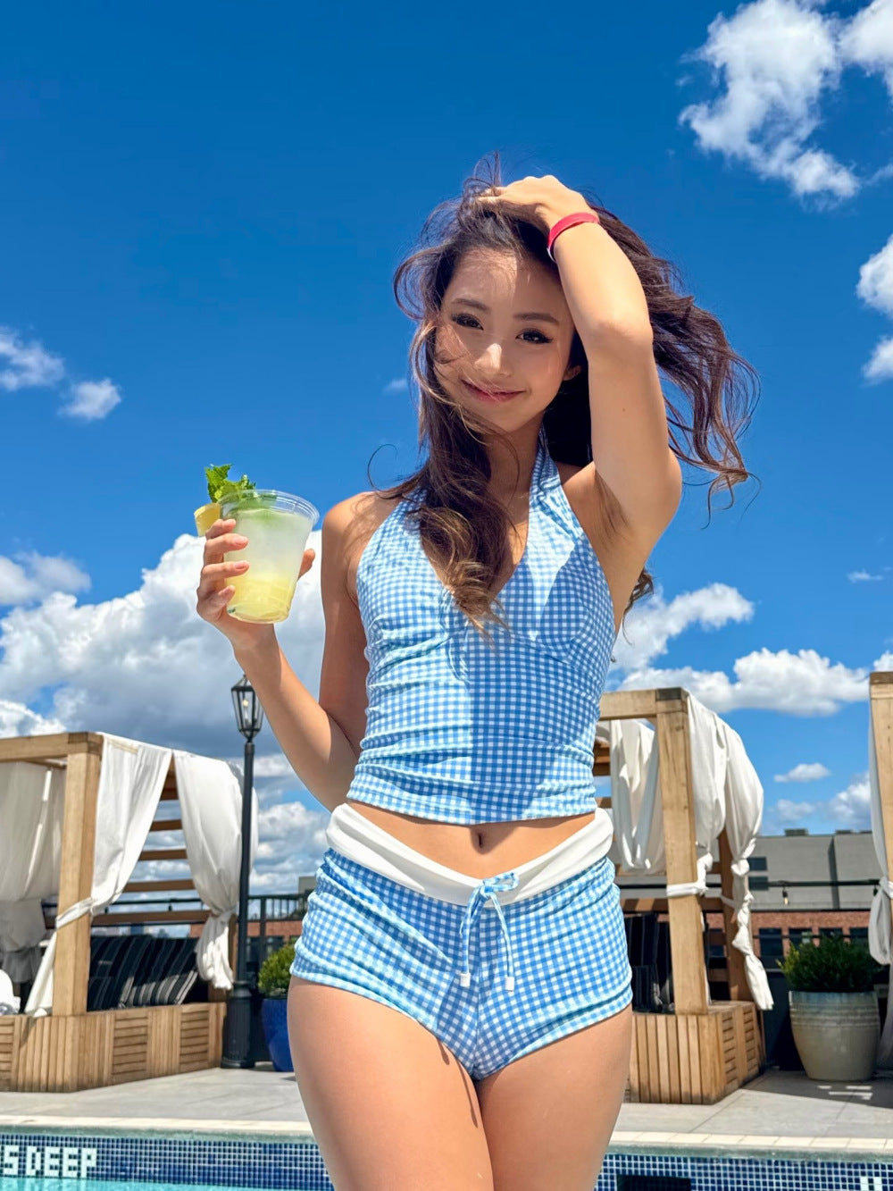 Thailand holiday retro plaid split body swimsuit high waist cover belly girl fresh girl hot spring bikini swimsuit