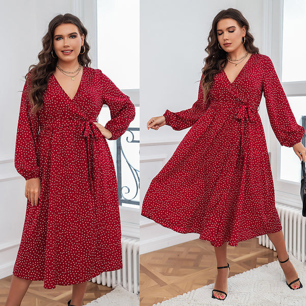 Red plus-size dress Cotton EuropeAn-American commuter polka dot long-sleeved dress