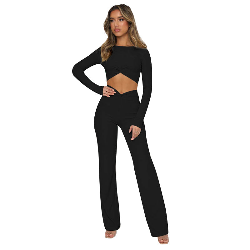 Solid color crew-neck, crop, long-sleeved pantsuit 6COLOR