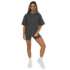 Solid color short-sleeved crew neck blouse casual shorts fashion suit 4COLOR