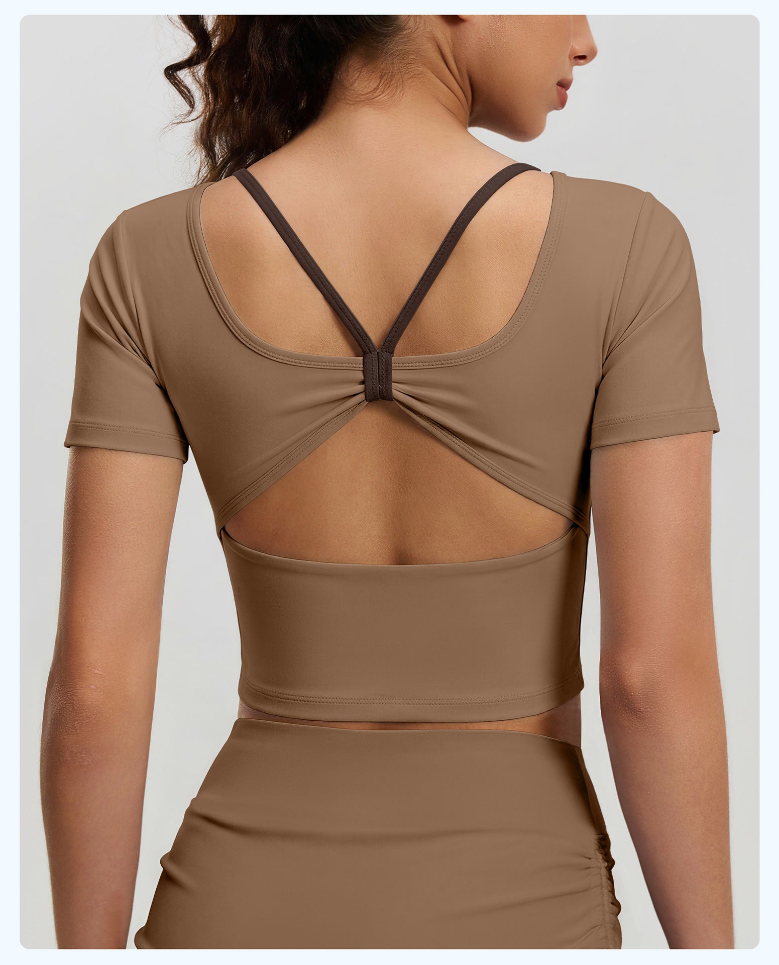 New Butterfly Back Yoga Top with Built-in Bra, Cross Back Short Sleeve, Breathable Sports Fitness Shirt