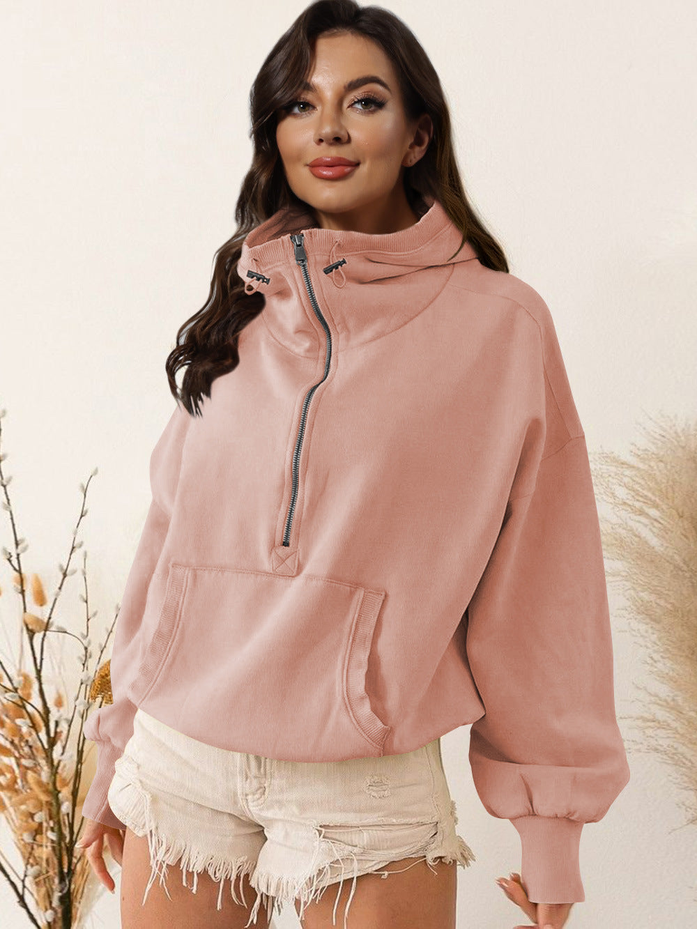 Hoodie zipper drawstring long sleeve top jacket 6color