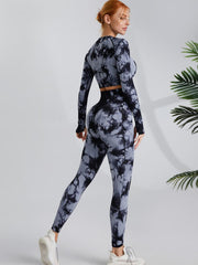 Seamless tie-dye fitness Yoga sports long sleeve high waist peach hip lift pants set women 3 colors