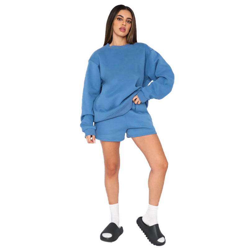 Solid color round neck long-sleeved hoodie fashion shorts set 7 colors