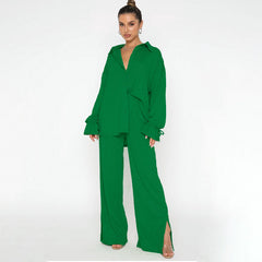 Solid color lapel single breasted long sleeve lace-up top Fashion pantsuit 7 colors