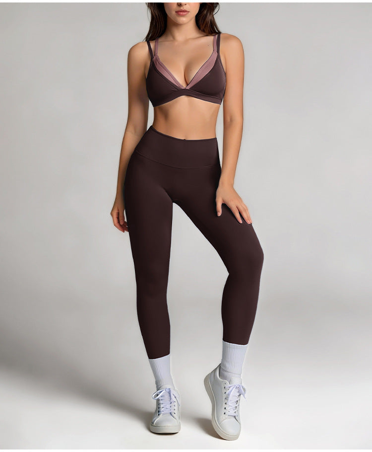 Women's Fake Two-piece Stylish Sports Bra High Waist Hip Lift Long Pants Set, Casual Outdoor Running Sportswear
