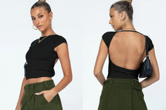Y2K sexy backless nylon hygroscopic and perspirant comfortable breathable short-sleeved slim-fit top