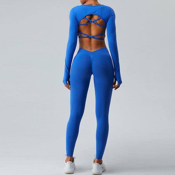 Long sleeve yoga suit women seamless sexy cross back 3 colors