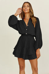 Long sleeve dress temperament V-neck chiffon skirt high waist slimming A-line skirt