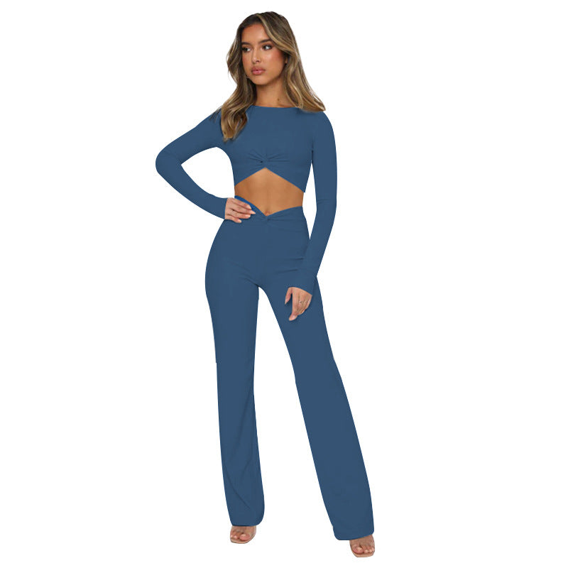 Solid color crew-neck, crop, long-sleeved pantsuit 6COLOR