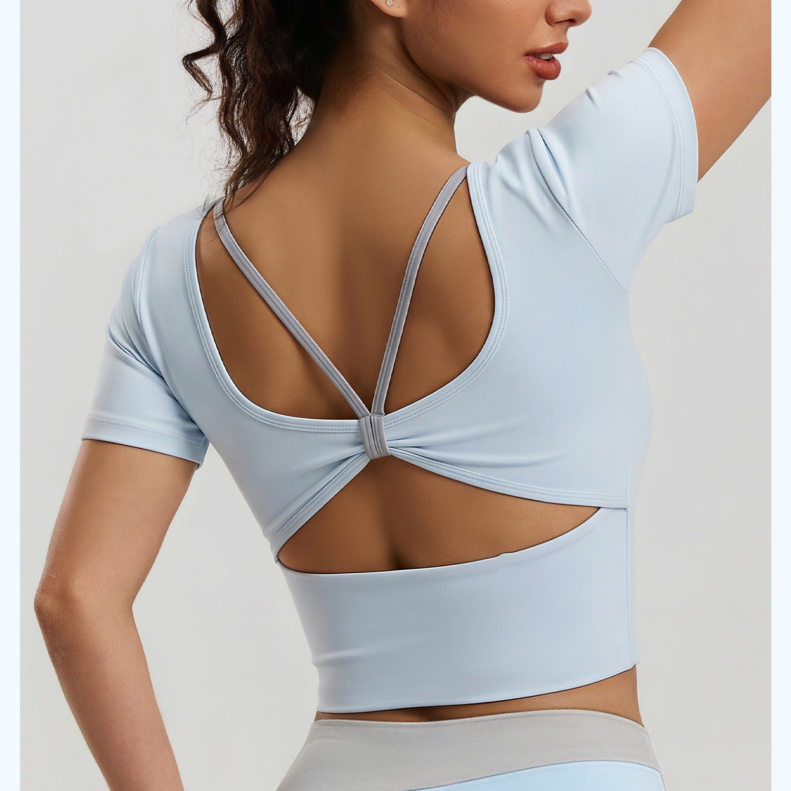 New Butterfly Back Yoga Top with Built-in Bra, Cross Back Short Sleeve, Breathable Sports Fitness Shirt
