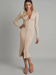 Button-down cardigan ribbed long-sleeved slim-fit dress MIDI skirt with tight wrap hips
