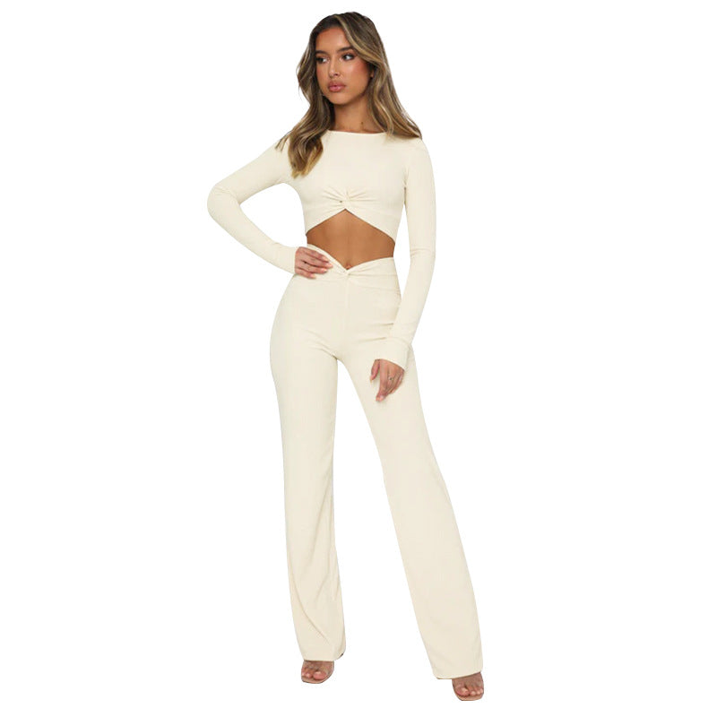 Solid color crew-neck, crop, long-sleeved pantsuit 6COLOR