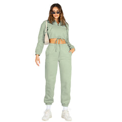 Solid color stand-up collar zipper drawstring midriff and fleece hoodie pant set 4COLOR