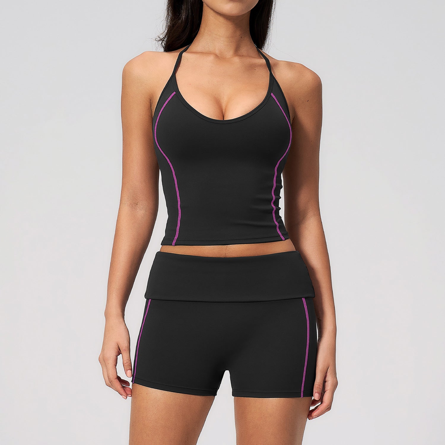 New Fashion Yoga Set, Halter V-Neck High Waist Crossover Waistband Slimming Color Block Sports Outfit Style 4533