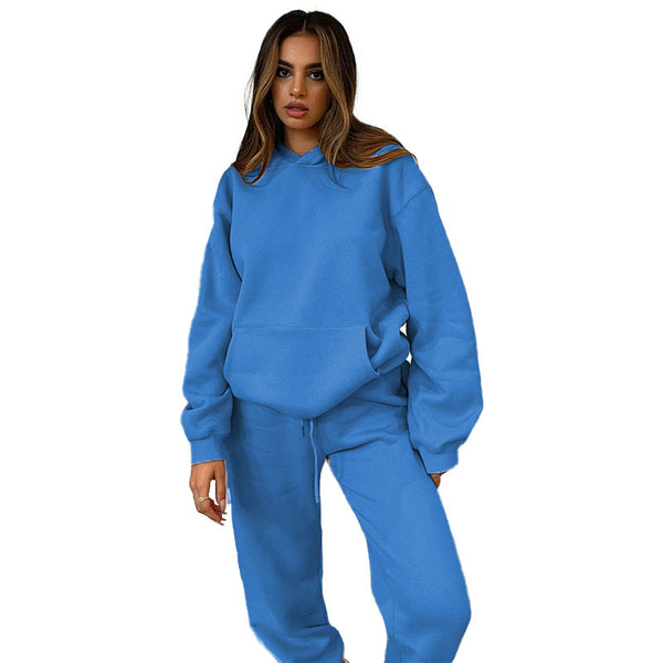 Autumn and winter solid color round neck pullover long sleeve trousers hoodie set 8 colors