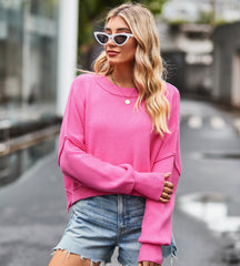 Barbie pink round neck sweater foreign trade solid color loose pullover sweater