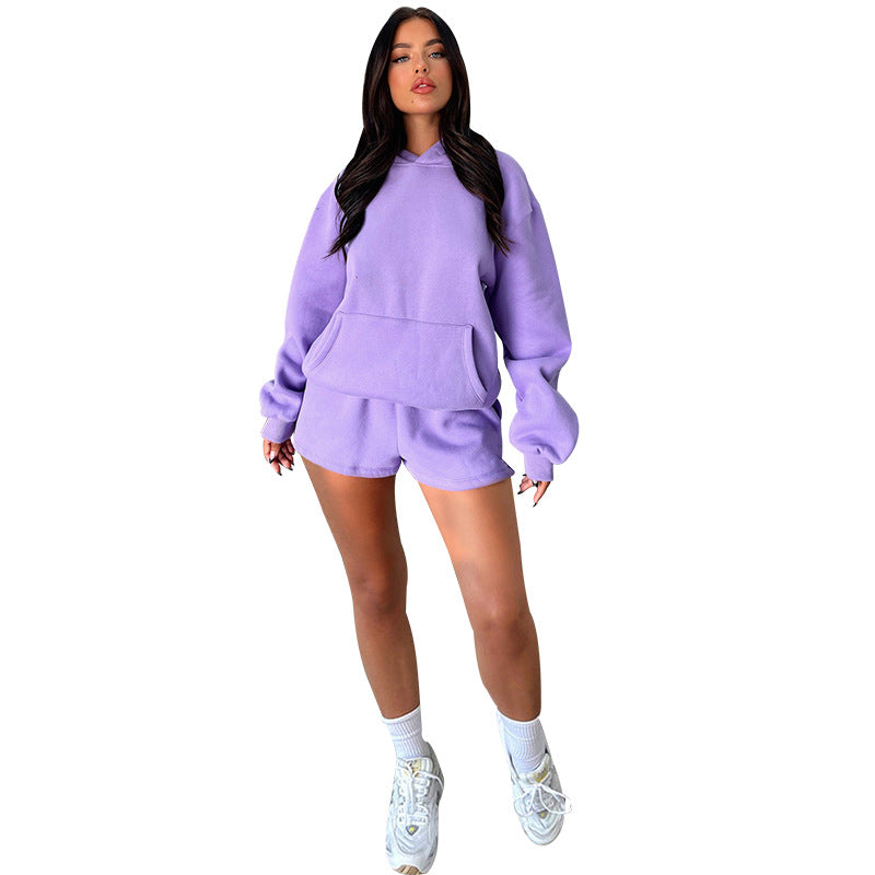 Solid color long-sleeved hoodie shorts set 9 colors 211336