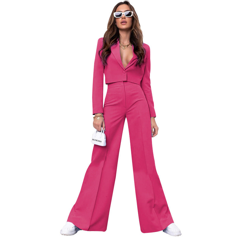 Solid color short long sleeve small suit fashion high waist wide leg pant suit 211290