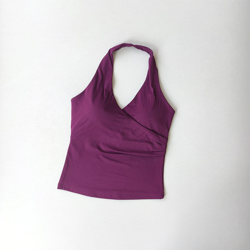 New Women V-Neck Halter Cross Back Sports Bra with Built-in Pads, Quick Dry Yoga Tank Top for Workout Fitness