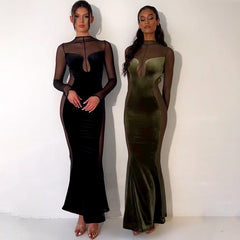 Sexy hollowed-out perspective dress autumn new hot long-sleeved round neck backless skirt 2 colors