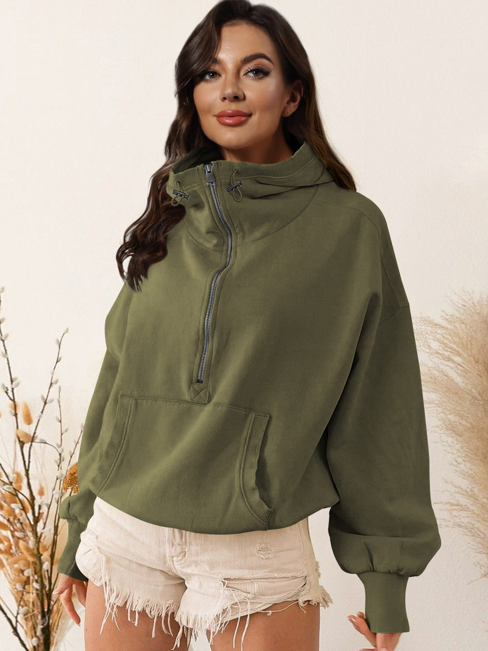 Hoodie zipper drawstring long sleeve top jacket 6color